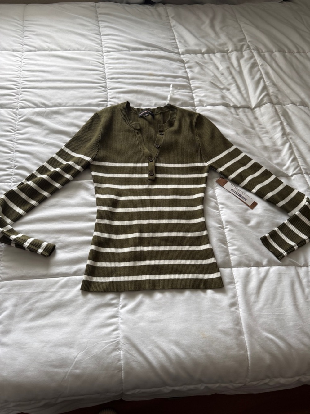 Olive Green & White Striped Women's Henley Knit Top